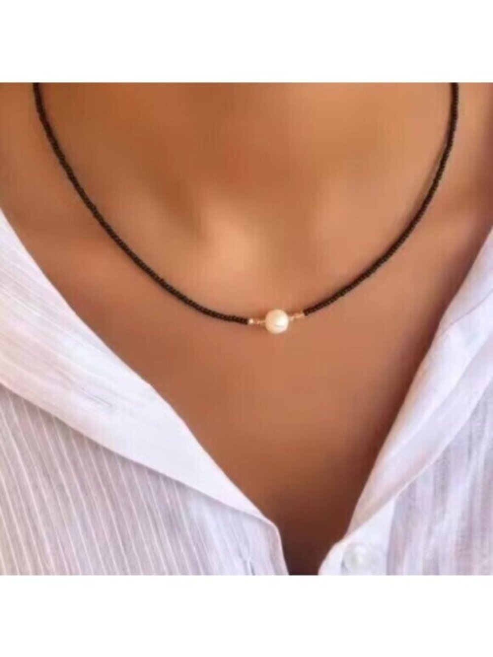 Black Beaded Choker with Pearl Waterproof Gold Necklace Summer Jewelry PRETTY